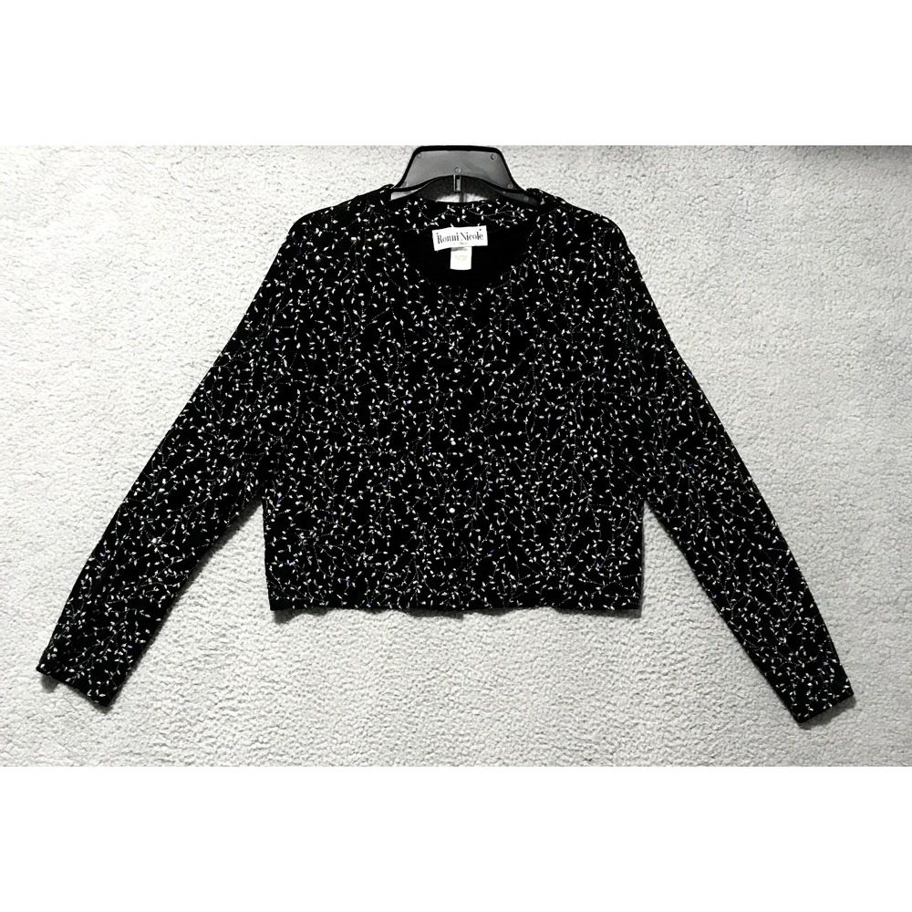 Ronni Nicole Women's Long Sleeve Button Up Sequined Sweater Black Size 14
